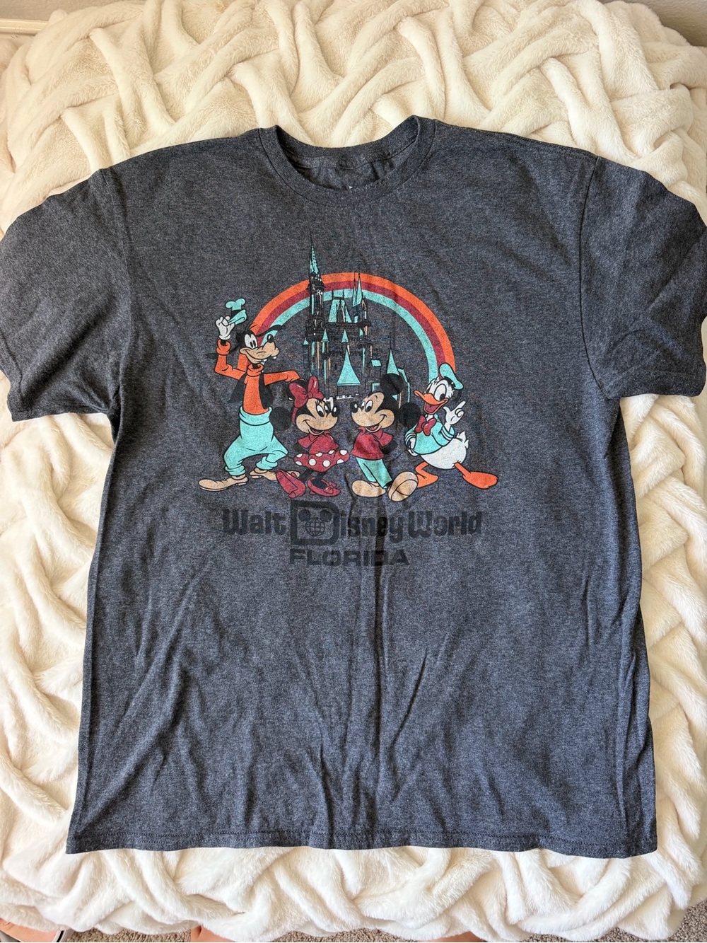 Disney Gray Short Sleeve Tee with Teal, Red & Orange Castle Graphic